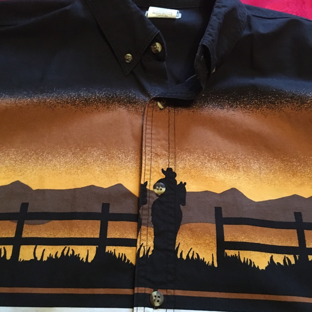 Express Rider Cowboy Horses Ranch Rodeo Button Shirt Bar Dance Sunset large Mens